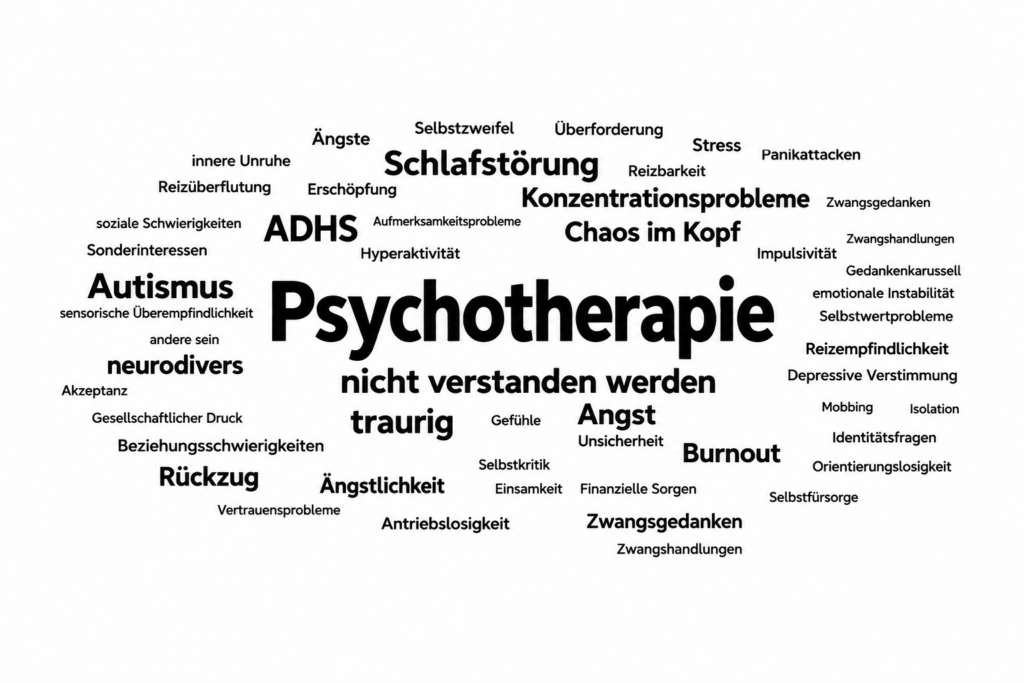 Wortwolke mit Symptomen von Hochbegabung und Neurodiversität in der Psychotherapie
