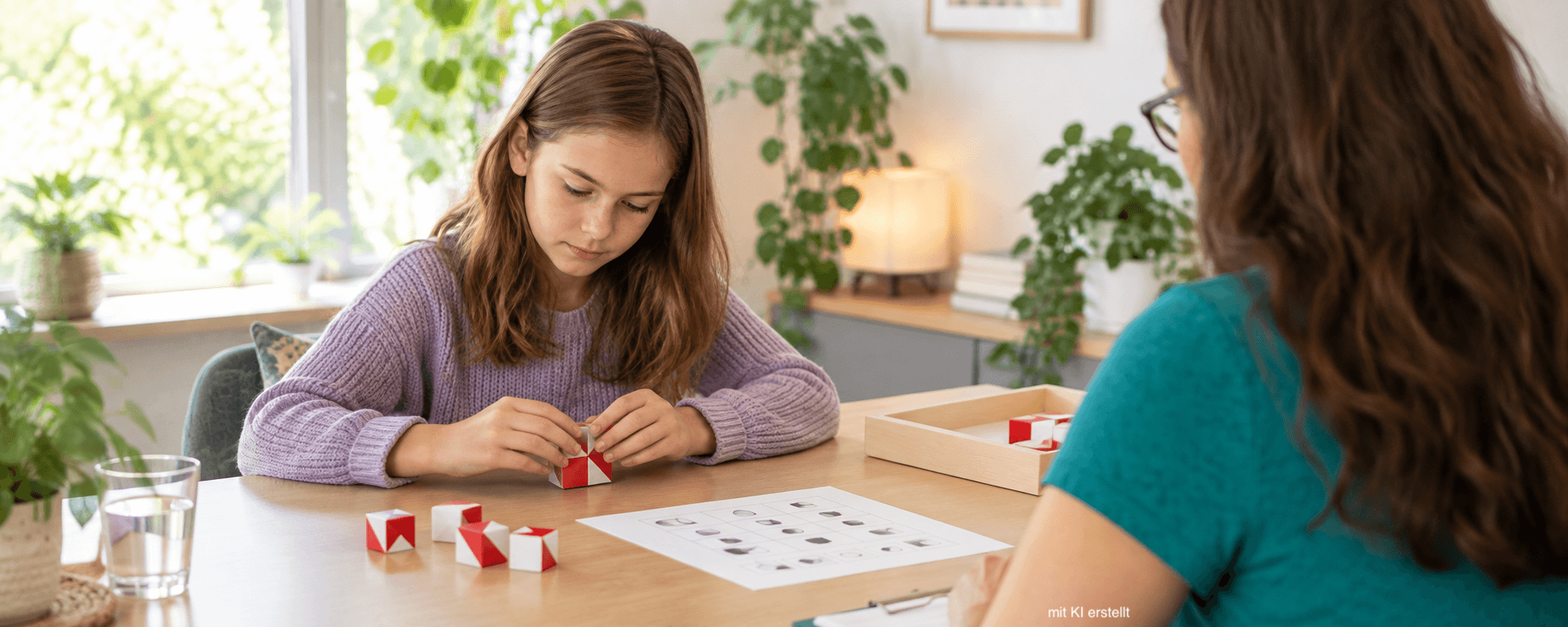 Intelligenztest für Kinder: KI-generierte Illustration einer Testsituation